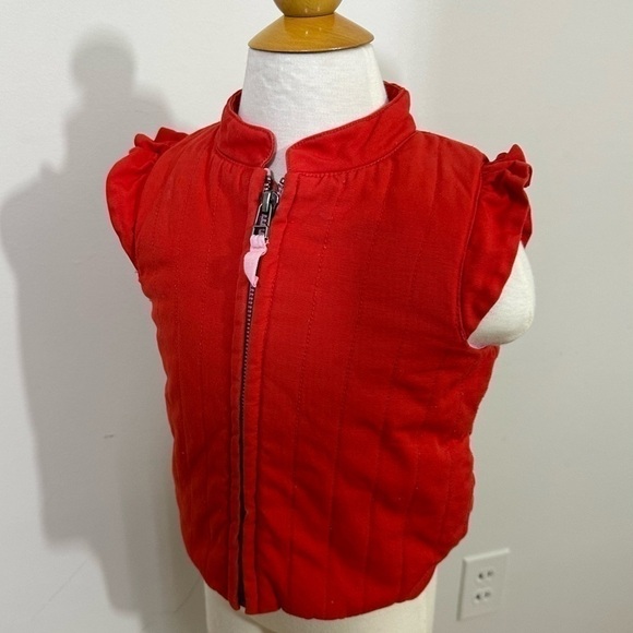 Tea sz 3  Girl toddler sz vest in a red cotton with pink lining   Ruffle sleeve - Picture 3 of 12
